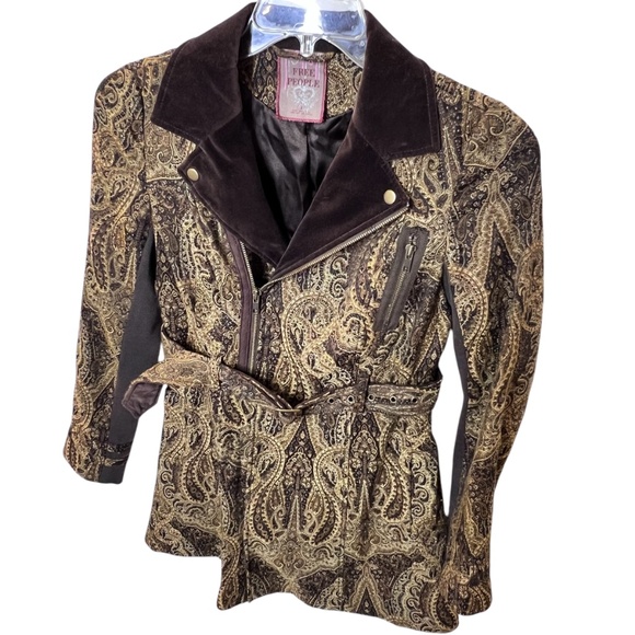 Free People Paisley Velvet Snap Down Collar Belted Jacket Coat - Picture 5 of 11